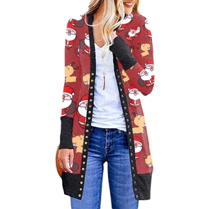 Women's festive red Christmas cardigan with Santa Claus and reindeer prints and buttons