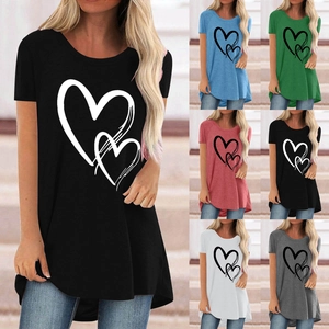Women Casual Valentine Day Heart Print Short Sleeve T-Shirt Loose Round Neck Mid-Length Top Plus Size Cotton Blend Clothing