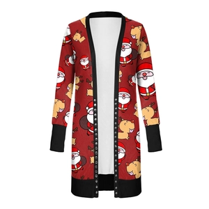 Detailed view of Christmas cardigan featuring Santa patterns and metal rivets on front
