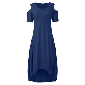 Detail of navy cold shoulder maxi dress with high-low hemline and round neck design