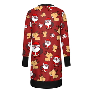 Detailed back view of a red Christmas cardigan with reindeer and Santa prints