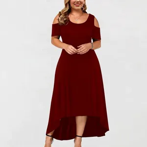 Women's wine red cold shoulder dress with round neck and high-low hem design