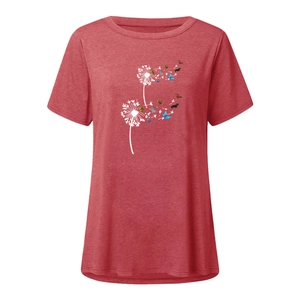 Detail of red crew neck t-shirt featuring white dandelion and colorful butterfly prints