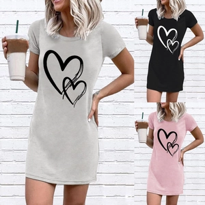 Vestido Camiseta Casual para Mujer con Estampado de Doble Corazón Cuello Redondo Manga Corta Mini Vestido de Verano