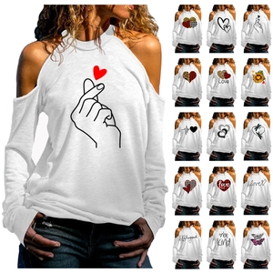 Haut Femmes Épaules Dénudées Dos Nu Manches Longues Décontracté Imprimé Cœur T-Shirt Mélange Coton Saint-Valentin Streetwear