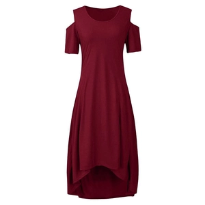 Elegant wine red cold shoulder dress with high-low hemline and round neck for women
