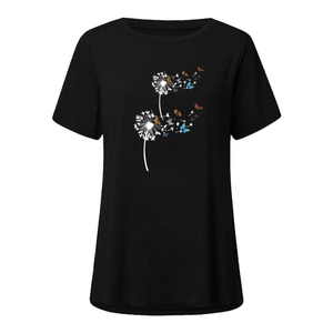Detailed view of dandelion and colorful butterflies art print on a black short sleeve T-shirt