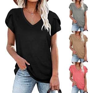 Maglietta da Donna Casual Scollo a V con Maniche a Petalo Tinta Unita Misto Cotone Manica Corta Top Estivo