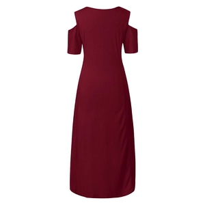 Detailed view of burgundy cold shoulder maxi dress with short sleeves and waist tie