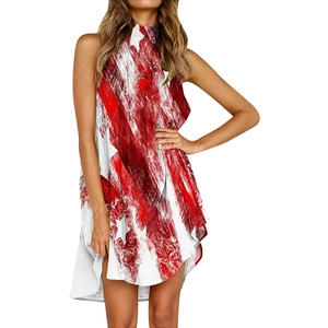 Robe sans manches à col montant pour femmes avec imprimé drapeau et ourlet asymétrique