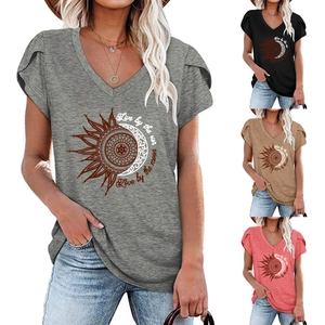 T-Shirt Femme Col en V Manches Courtes Pétale Imprimé Bohème Soleil Lune Mandala Haut Décontracté Mélange Coton