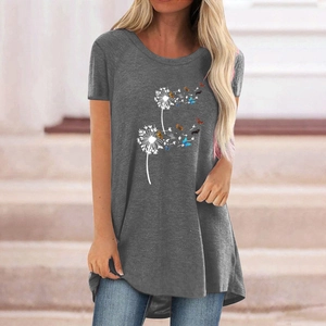 Detail showing dandelion and butterfly print on gray short sleeve cotton t-shirt