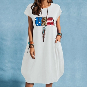 Women's white cotton linen dress with USA flag print and pockets for Independence Day