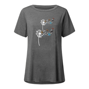 Close-up of dandelion and colorful butterflies print on a grey cotton T-shirt