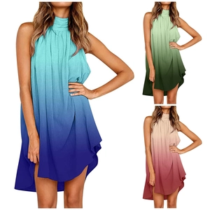 Robe d'Été Dégradée pour Femme avec Licou sans Manches Coupe Évasée Ample Plissée Longueur Midi Robe de Vacances Plage