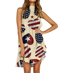 Robe Licou pour Femme Imprimé Jour de l'Indépendance Été Sans Manches Col Rond Plissé Coupe Asymétrique Décontractée Patriotique