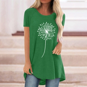 T-shirt vert à manches courtes pour femmes avec imprimé pissenlit blanc et col rond
