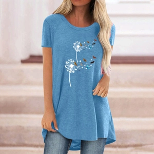 Women's light blue oversized t-shirt with dandelion butterfly print and curved hem