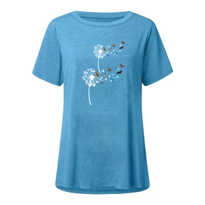 Close-up of dandelion and butterfly print on casual blue snow-texture cotton T-shirt