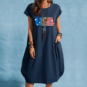Women's plus size cotton linen loose dress with USA American flag star letter print