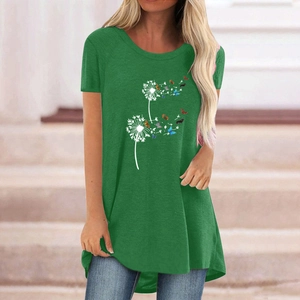Women's dark green t-shirt featuring white dandelion and flying butterfly print