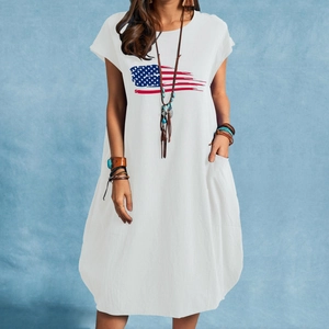 Loose white cotton linen dress with American flag print and functional side pockets