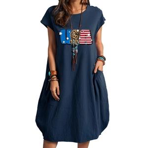 Navy loose cotton linen dress with USA flag print and leopard detail for Independence Day