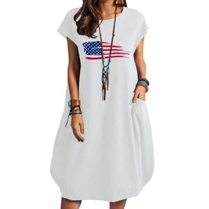 White cotton linen midi dress with vintage American flag print and functional side pockets