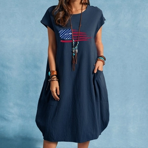 Navy blue linen dress with American flag print, round neck, and side pockets in bohemian style