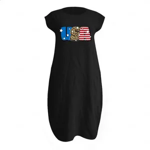 Detail of USA American flag and leopard print on black cotton linen summer dress