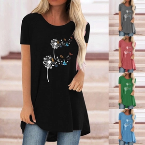 Women's Casual Cotton Blend T-Shirt Plus Size Dandelion Butterfly Print Short Sleeve Round Neck Loose Mid-Length Top