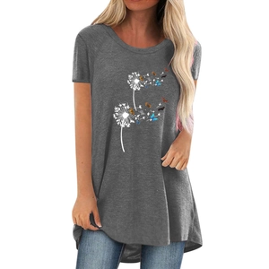 Women's dark grey dandelion and butterfly print casual short sleeve round neck T-shirt