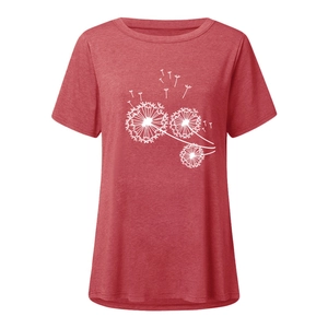 Detail of white dandelion print on terracotta cotton-blend short sleeve T-shirt