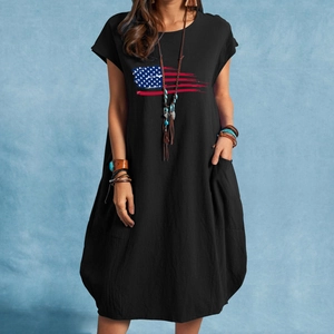 Women's black cotton linen loose dress with American flag print and side pockets