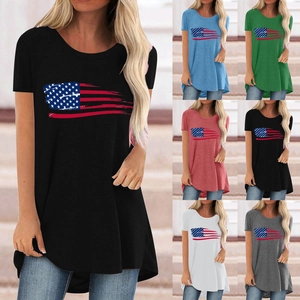 T-Shirt Femme Imprimé Drapeau Américain Mélange de Coton Manches Courtes Col Rond Ourlet High-Low Mi-Long Décontracté Ample