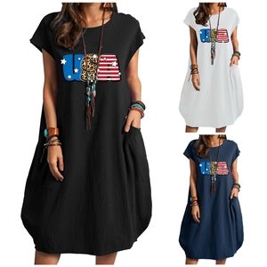 Women's Casual Cotton Linen USA Print Maxi Dress Round Neck Short Sleeve Loose Lantern Dress With Pockets Holiday Outfit