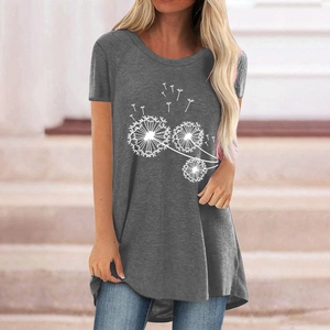 Detail of grey crewneck t-shirt featuring artistic dandelion print and curved high-low hem