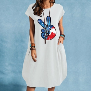 White cotton linen Puerto Rico peace sign print dress with pockets and round neck