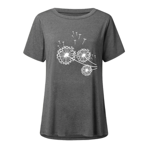 Detail shot of the soft cotton fabric texture and white dandelion print on charcoal t-shirt