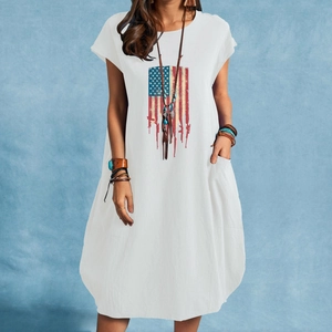 Women's white linen dress with American flag print, loose fit with side pockets