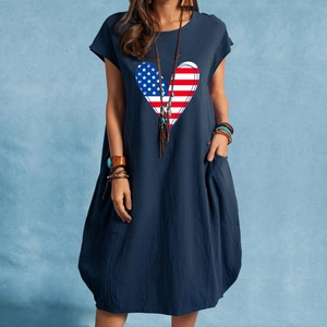 Abito donna taglie forti in cotone e lino blu scuro con stampa cuore USA