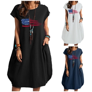 Women Casual Linen Blend Maxi Dress US Independence Day American Flag Print Round Neck Short Sleeve Pocket Summer Dress