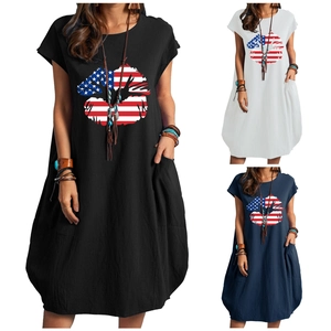 Damen Casual Oversized Baumwolle Leinen Maxikleid Amerikanische Flagge Lippen Druck Kurzarm Rundhals Taschen Urlaub Langes Kleid