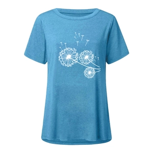 Detail of white dandelion print on a light blue round neck short sleeve cotton T-shirt