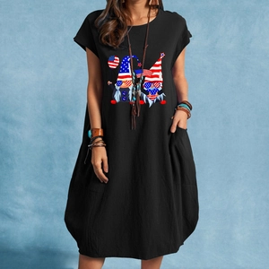 Robe midi noire en coton et lin avec imprimé gnomes fête nationale US et poches