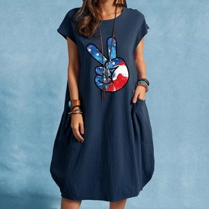 Navy blue cotton linen maxi dress with American flag peace sign print and side pockets