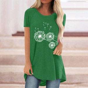 Women's casual green tunic T-shirt with white dandelion print and a classic round neck