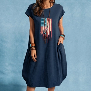 Women loose cotton linen dress in dark blue with vintage American flag print and side pockets