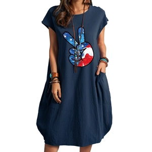 Navy blue cotton linen summer dress with USA flag peace sign print and side pockets