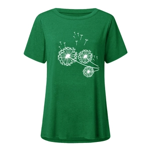 Detailed view of white dandelion print on forest green crew neck cotton t-shirt for women